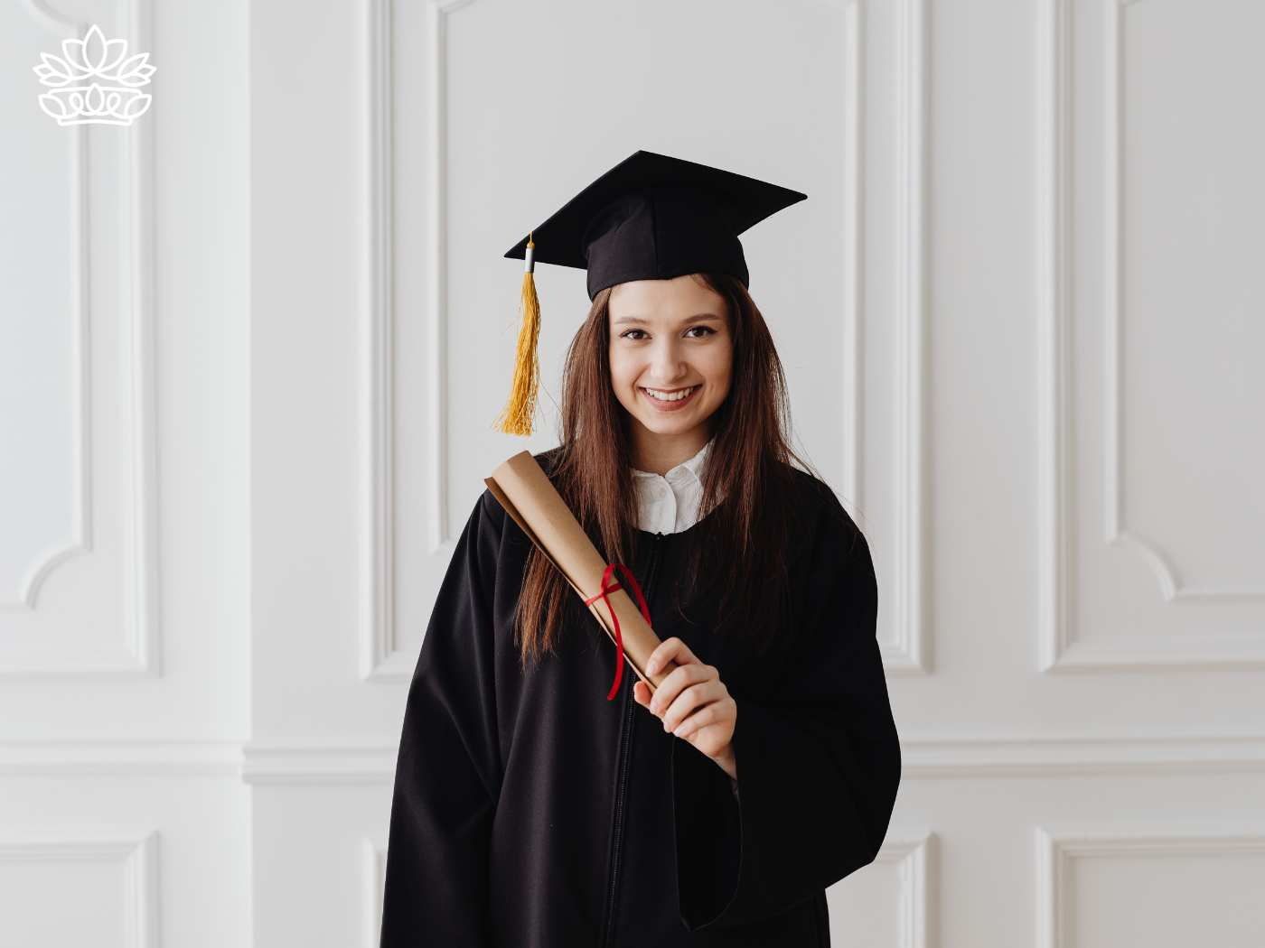 A smiling young woman in a graduation gown and cap, proudly holding her diploma with a red ribbon, standing against a classic white paneled background. Graduation. Delivered with Heart. Fabulous Flowers and Gifts.