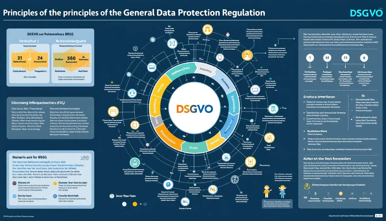 Ein Diagramm, das die Grundprinzipien der DSGVO darstellt. BDSG und DSGVO