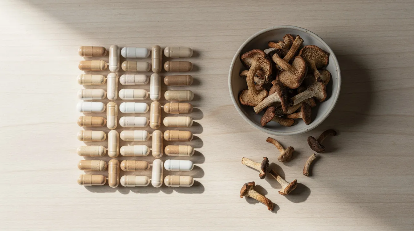 An arrangement of supplement capsules sits on a clean wooden surface beside a small bowl filled with dried lion's mane mushroom pieces, emphasizing the potential health benefits of this organic mushroom for brain health and cognitive function. The scene suggests a focus on daily brain support and mental clarity through the use of lion's mane supplements.