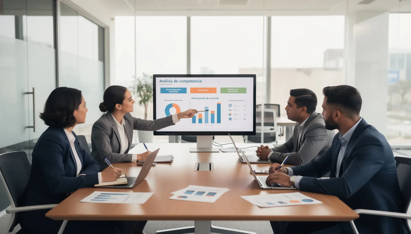 En la imagen, un grupo de personas se encuentra en una reunión de trabajo, analizando gráficos de competencia en una computadora. Están discutiendo estrategias de marketing para mejorar la visibilidad de sus salones de belleza y optimizar su presencia en línea.