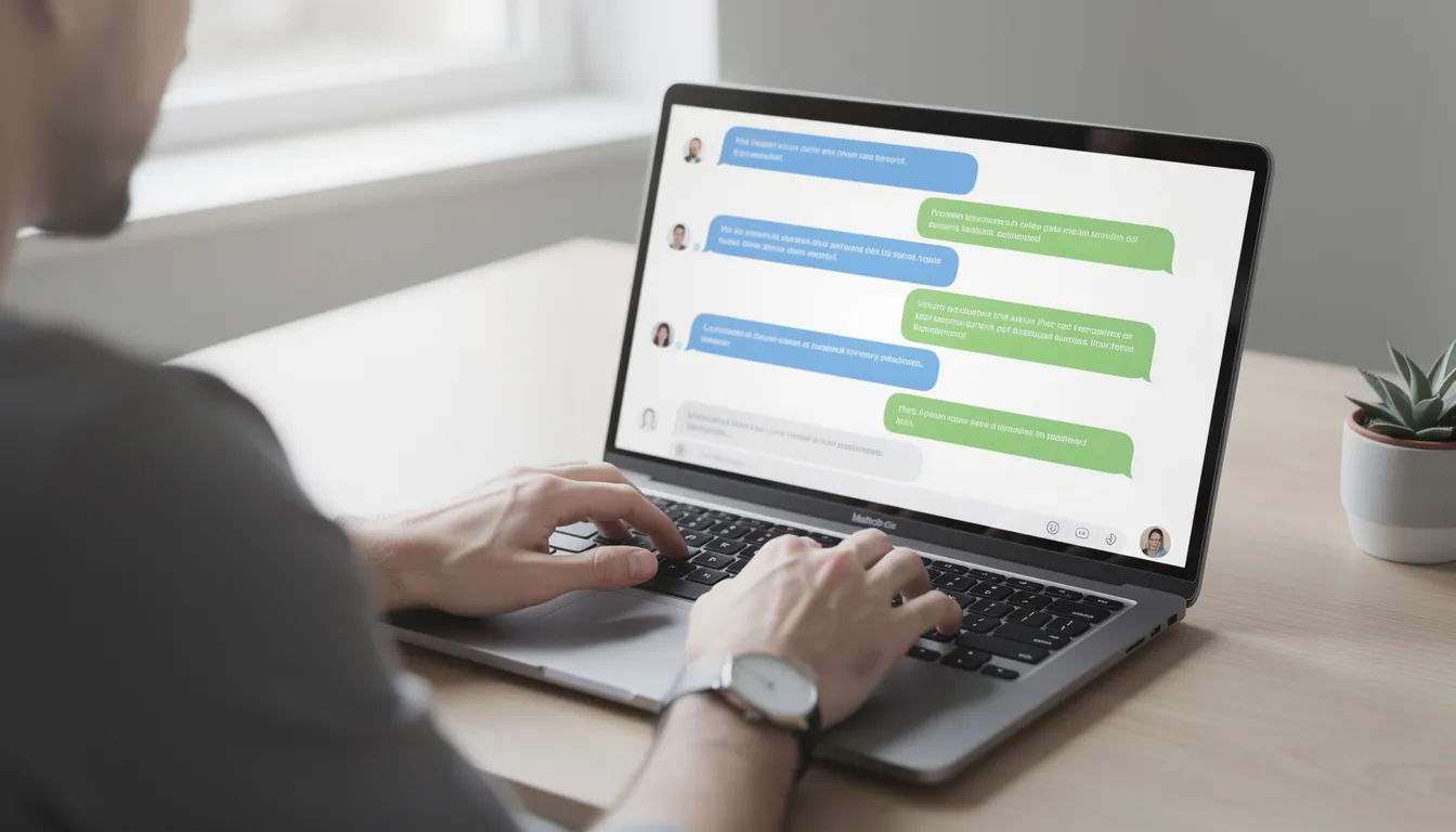 A person is typing on a laptop, with chat bubbles appearing on the screen, suggesting an interaction with an AI chatbot that utilizes natural language processing to generate responses. This scene illustrates the use of advanced AI agents in handling customer inquiries and providing support through automated tasks.