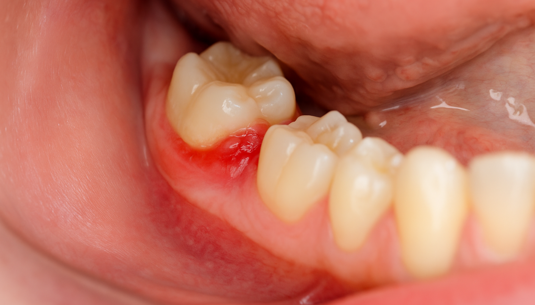 Perikoronitt: Når visdomstannen skaper betennelse 18 Nærbilde av visdomstann med betent og rødt tannkjøtt som viser perikoronitt.