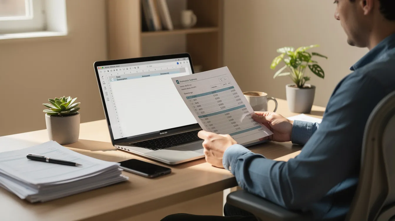 The image shows a person sitting at a home office desk, reviewing financial documents alongside an open laptop. They appear focused on understanding their home equity line options, including details about monthly payments, interest rates, and loan terms.