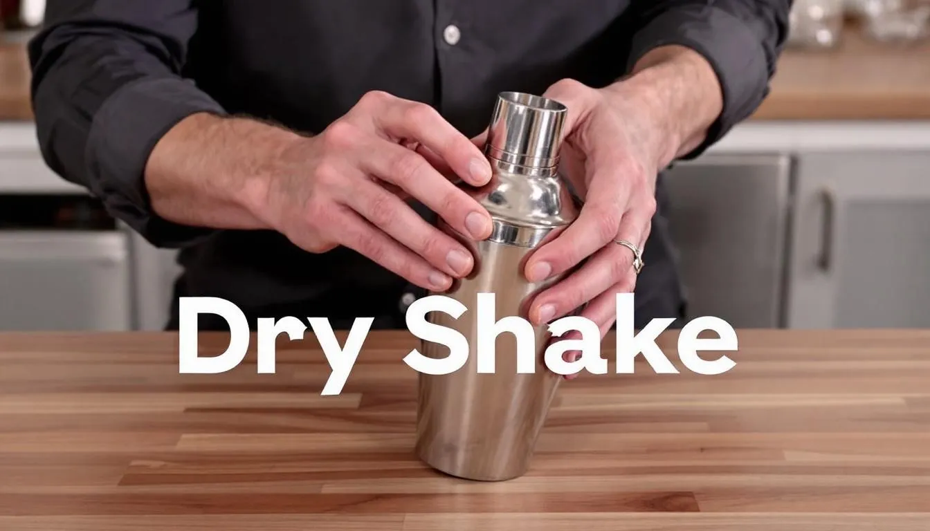 Bilden visar händer som utför dry shake-tekniken med en cocktailshaker, där ingredienser som äggvita, citronjuice och amaretto blandas för att skapa en perfekt amaretto sour. Denna klassiska drink skakas kraftfullt för att få en luftig konsistens innan den silas upp i ett glas.