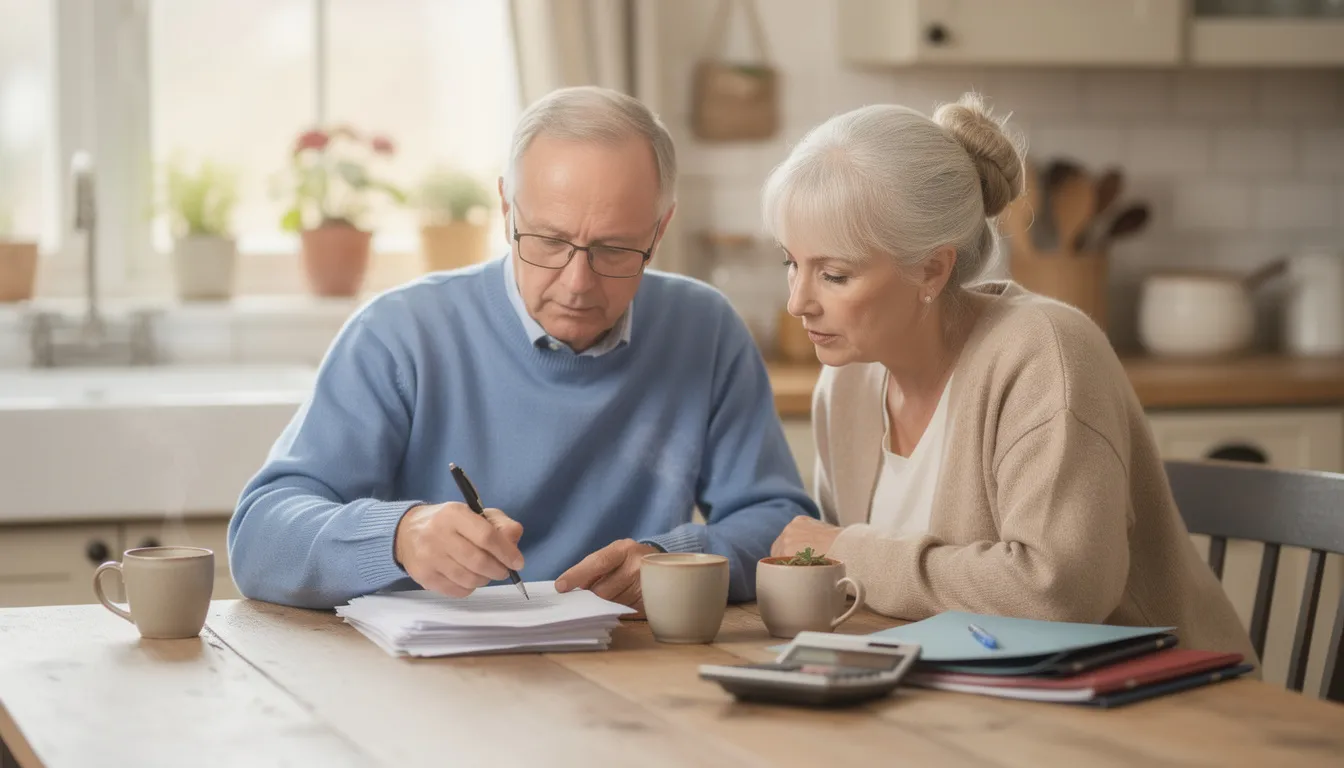 An elderly couple sits at a kitchen table, reviewing paperwork related to their retirement plans while sipping coffee from nearby cups. They appear engaged in a discussion about their financial future, possibly considering various investment options and strategies for their retirement savings.