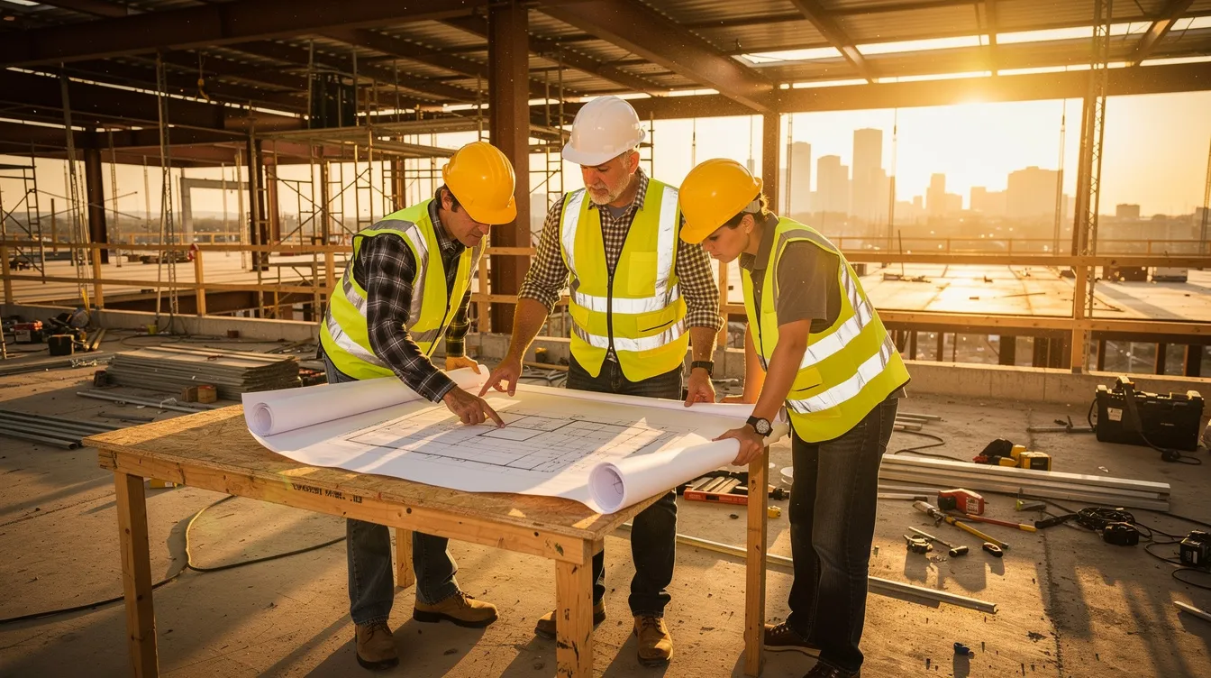 A construction foreman is reviewing blueprints with two younger workers on a partially completed commercial building, emphasizing the importance of registered apprenticeship programs in the construction industry. This scene showcases the mentorship and training opportunities available for new apprentices to develop their skills and prepare for a successful career.