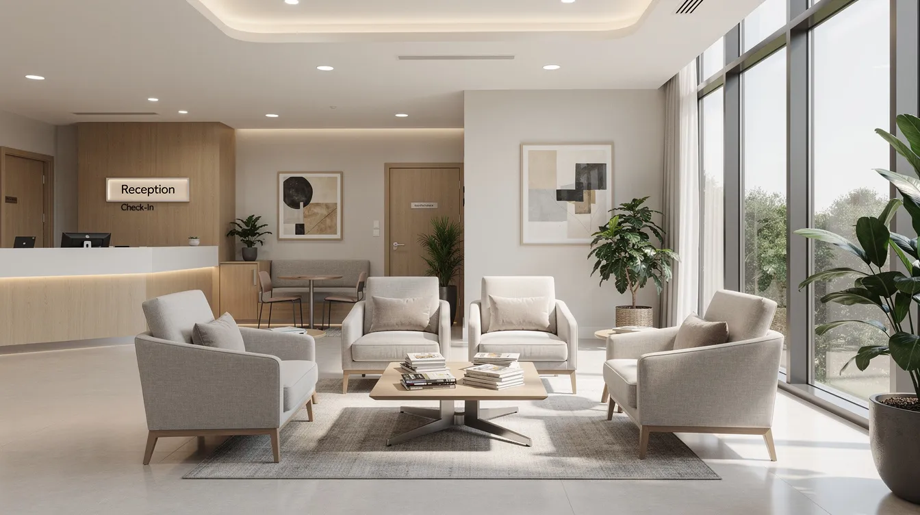 The image depicts a modern and inviting medical office lobby, filled with natural light, featuring comfortable seating and calming decor. This welcoming environment is ideal for patients seeking consultations for procedures like breast lift surgery or breast augmentation.
