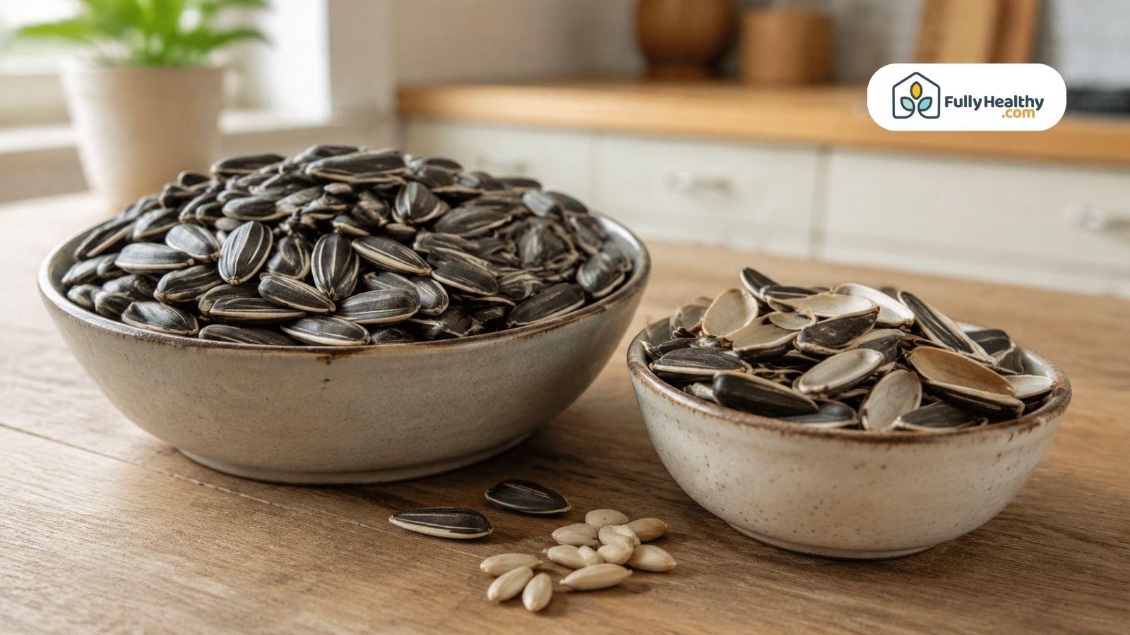 Bowls of whole sunflower seeds, empty shells, and edible kernels.