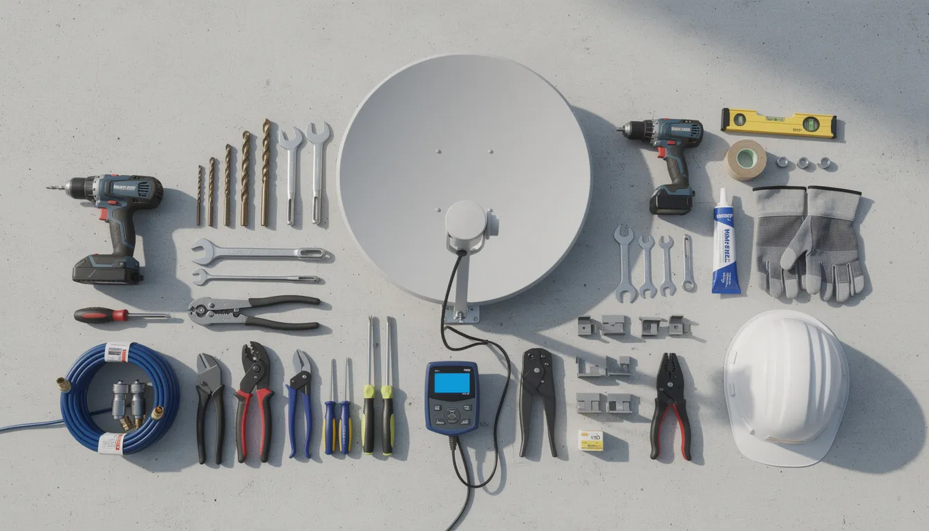 An array of tools and equipment is displayed on a work surface, ready for professional DSTV installation services, including satellite dishes, cables, and installation devices. This setup signifies the preparation for reliable DSTV installation and troubleshooting in the Western Cape, particularly for clients seeking expert setup and exceptional service.