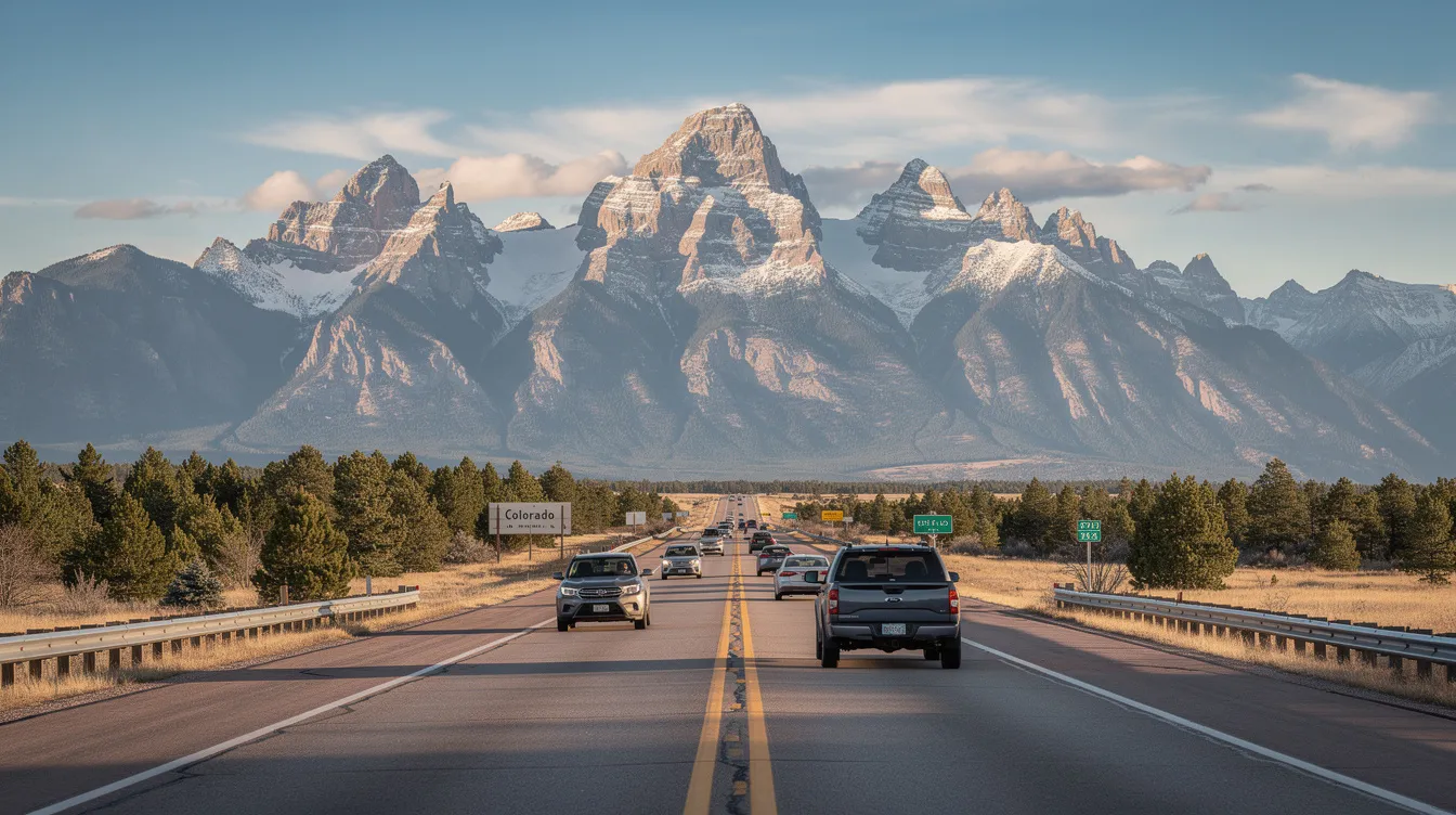 The image shows a Colorado highway lined with vehicles traveling in both directions, leading towards majestic snow-capped mountains in the background. This scenic view captures the potential risks of driving, highlighting the importance of vehicle safety and the legal support provided by Denver personal injury lawyers in the event of car accidents or product liability cases.
