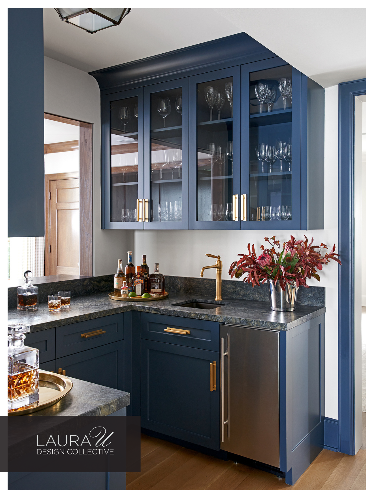 blue and brass butler's pantry