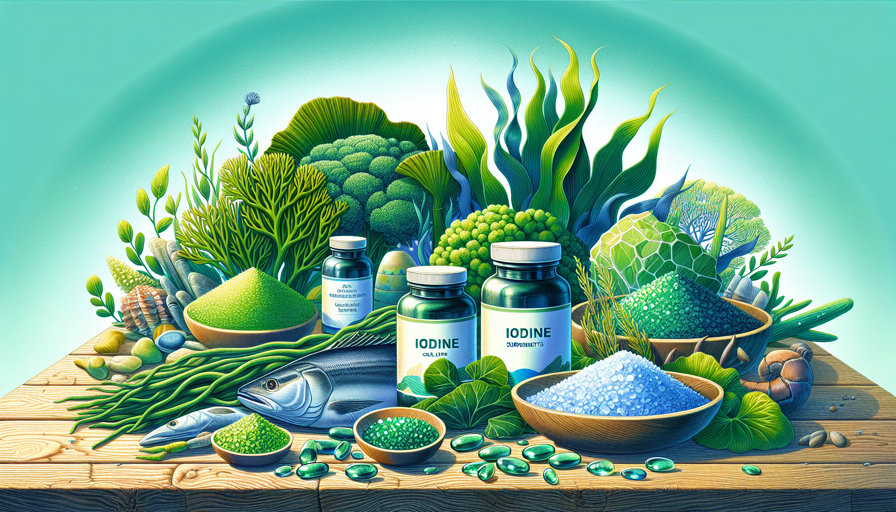 Illustration depicting the importance of iodine for health, showcasing iodine-rich foods and supplements.