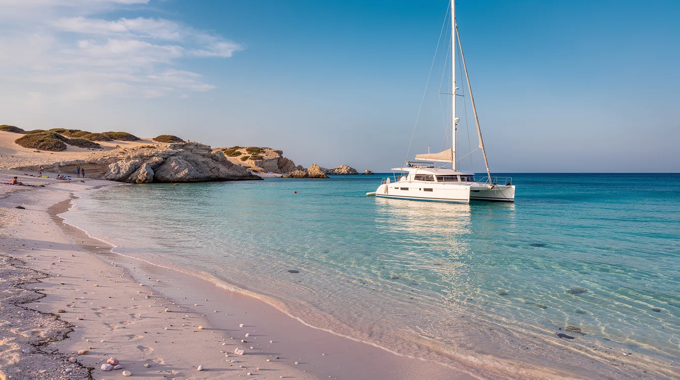 Imagem de um catamarã navegando nas águas cristalinas da praia de Elafonisi, na ilha de Creta, na Grécia. O cenário é emoldurado por areias brancas e vegetação ao redor, oferecendo uma vista deslumbrante do mar Egeu e um convite ao turismo e passeios na região.