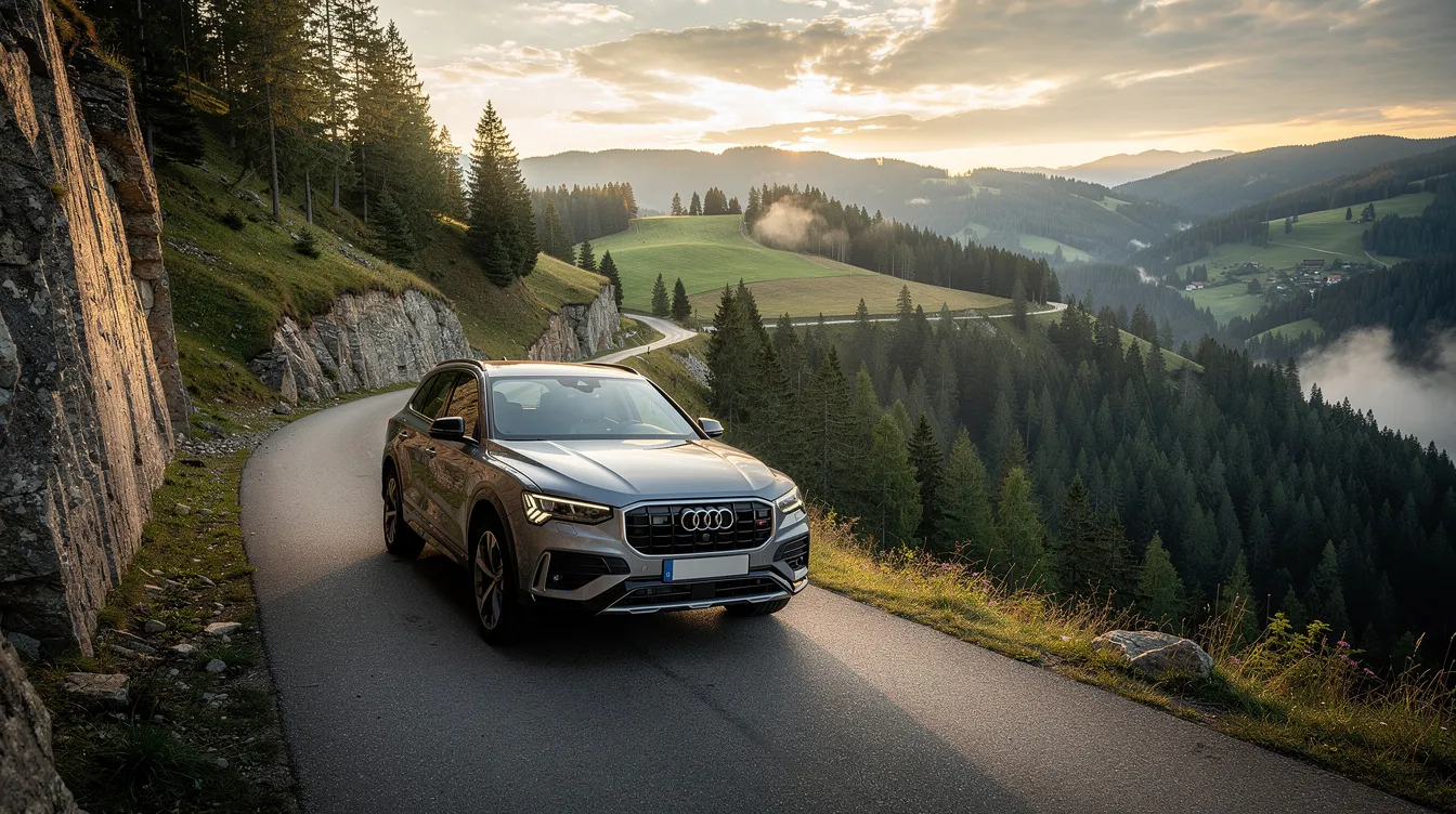 Un SUV sur une route de montagne sinueuse entre collines vertes et forêts de cèdres.