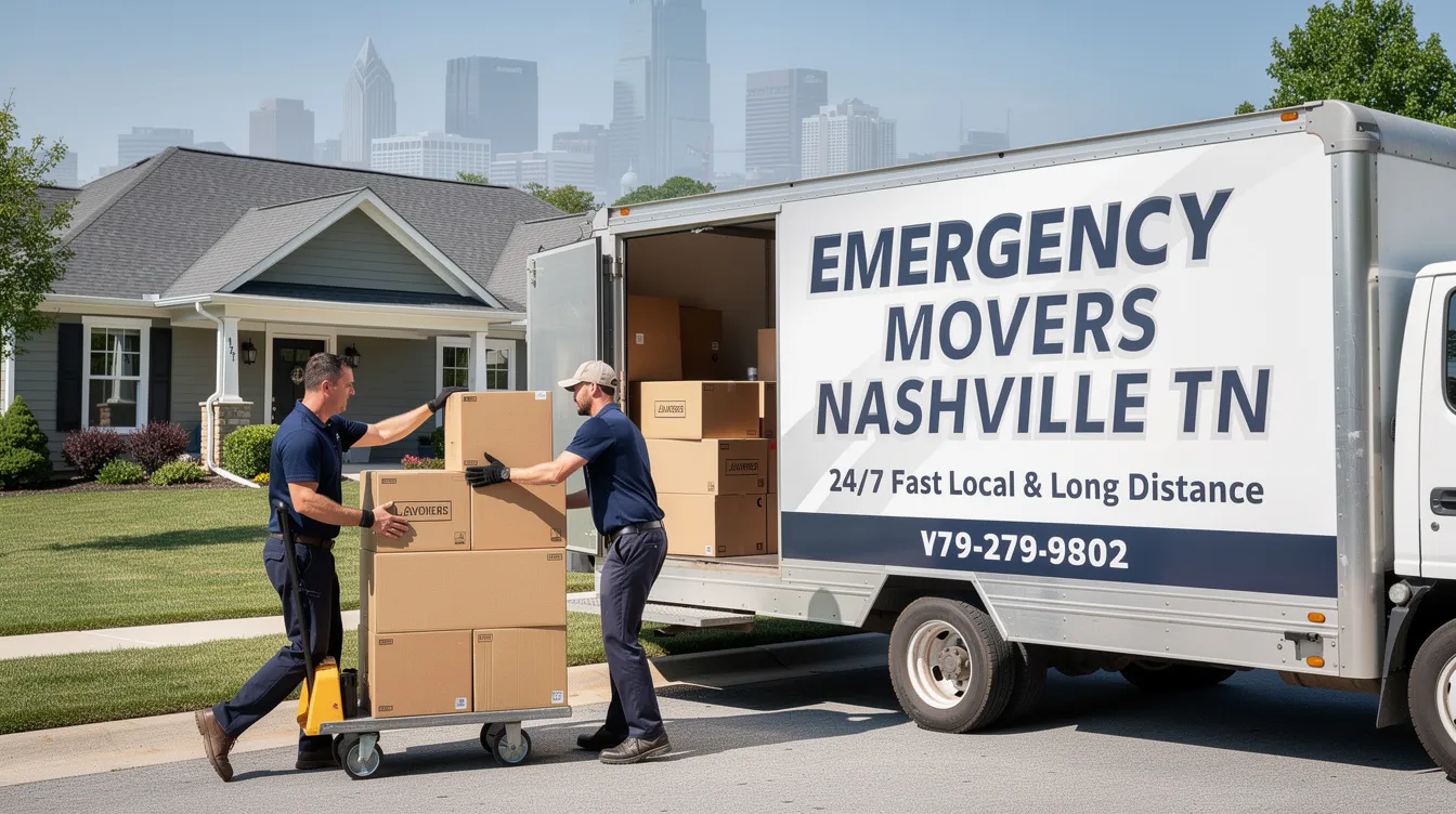A team of professional movers in Nashville, TN, is seen carefully packing personal belongings into a moving truck, showcasing their commitment to customer satisfaction and stress-free moving services. The image highlights the experienced movers handling fragile items with care, emphasizing the quality and reliability of Nashville's local moving companies.