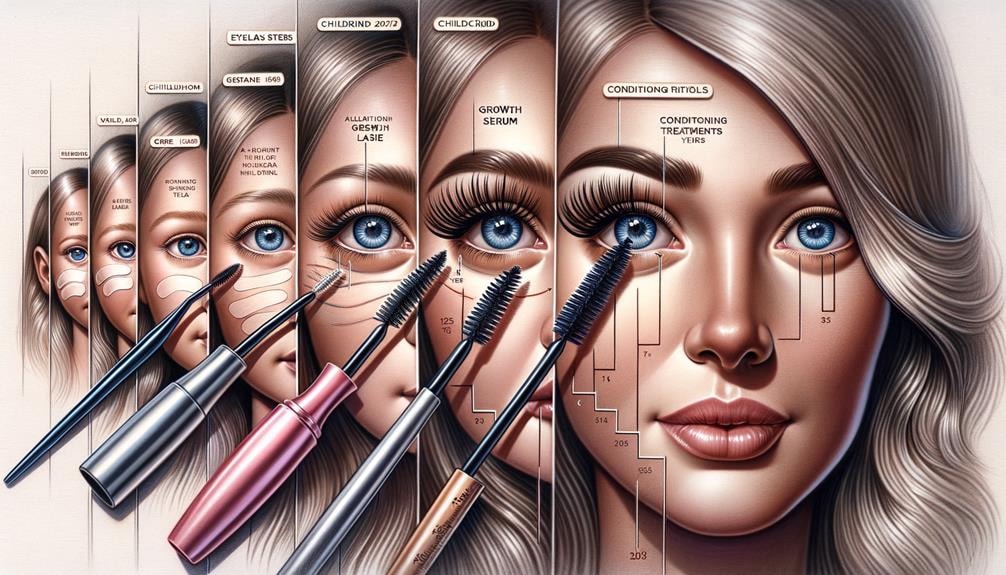 a visual timeline of a woman's eye at various stages of life, emphasizing the lashes, with distinct care practices being applied at each stage.