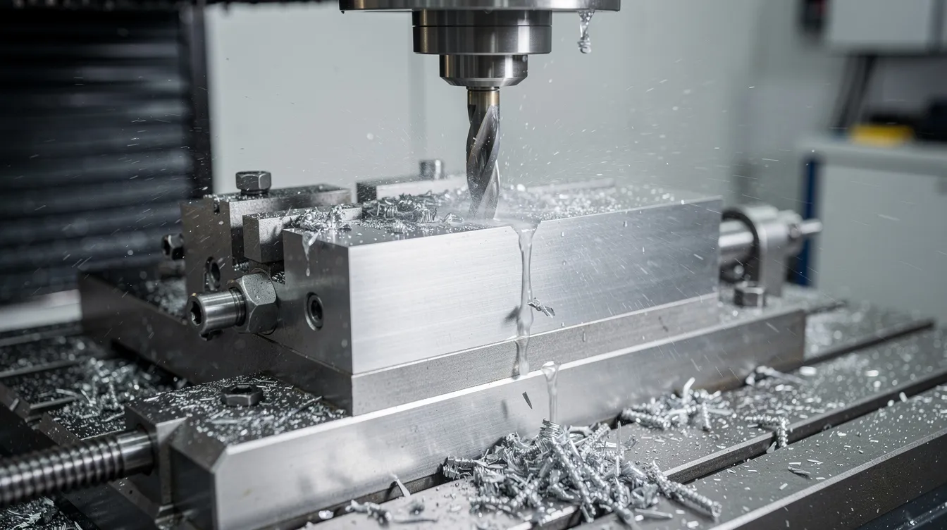 A CNC milling machine is actively cutting a steel workpiece that is securely clamped in a precision vise, showcasing the process of shaping hot rolled steel into precise dimensions. The machine's tool moves with accuracy, highlighting the importance of tight tolerances and mechanical strength in steel production.