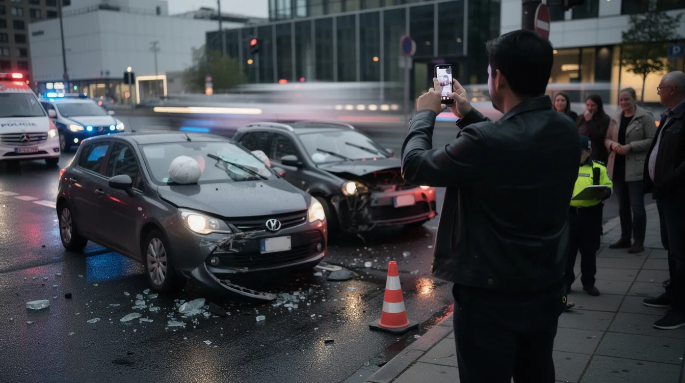 Una persona está tomando fotografías con su teléfono móvil de un accidente de tráfico en la carretera, donde se pueden ver vehículos involucrados y posibles repartidores de comida de empresas como Uber Eats o DoorDash. La escena refleja la atención de los testigos y la importancia de documentar el incidente para posibles reclamaciones de seguros.