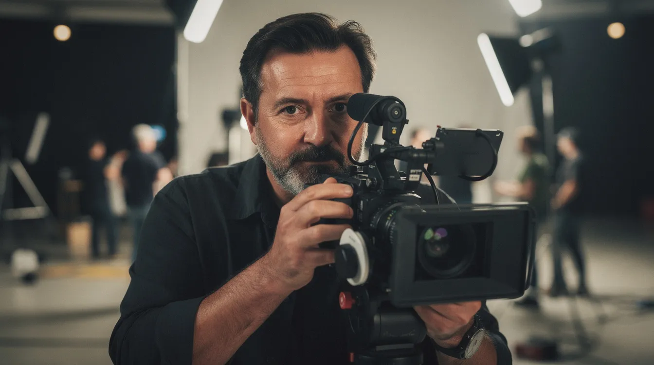 Das Porträt zeigt einen nachdenklichen Filmregisseur mittleren Alters mit kurzen dunklen Haaren und Bart, der durch ein Kameraobjektiv schaut. Im Hintergrund ist ein unscharfes Filmset zu erkennen, was auf die kreative Atmosphäre eines Science-Fiction-Dramas hindeutet.