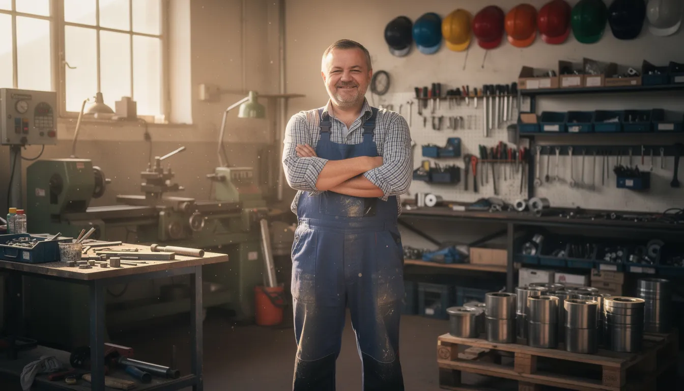 Właściciel małej firmy produkcyjnej pracuje w warsztacie, gdzie zajmuje się bieżącą działalnością i monitorowaniem wierzytelności. Jego działalność może korzystać z usługi faktoringu, co pozwala na szybkie finansowanie faktur i poprawę płynności finansowej przedsiębiorstwa.