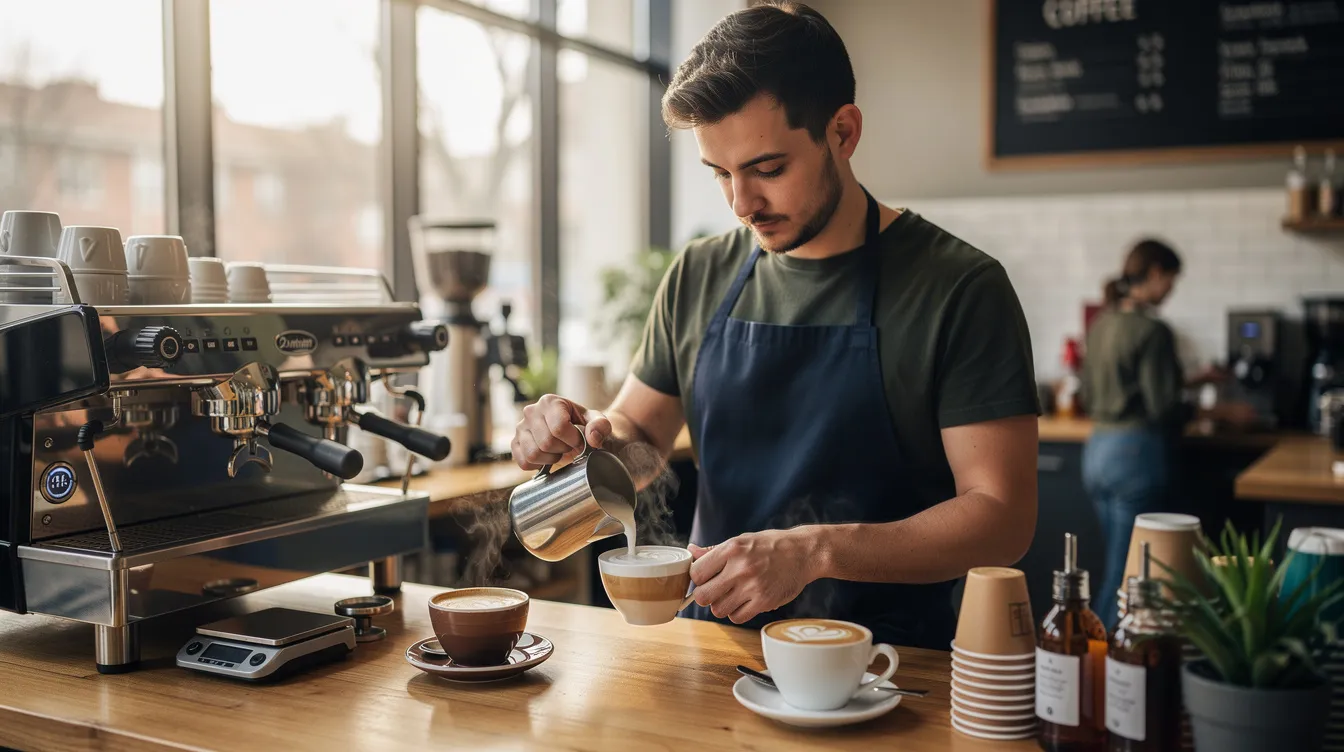 A barista stands behind a cafe counter, skillfully preparing various coffee drinks, surrounded by coffee machines and ingredients. The scene reflects a welcoming atmosphere, ideal for customers looking to enjoy their favorite beverages while benefiting from loyalty programs that offer rewards points for every dollar spent.