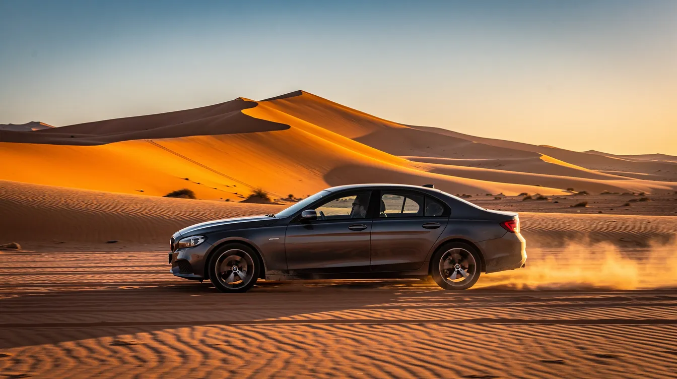 Un coche de alquiler avanza por un paisaje desértico marroquí, con impresionantes dunas doradas que se extienden hasta el horizonte. Esta imagen evoca la libertad de explorar Marruecos, especialmente Marrakech, en un viaje inolvidable.