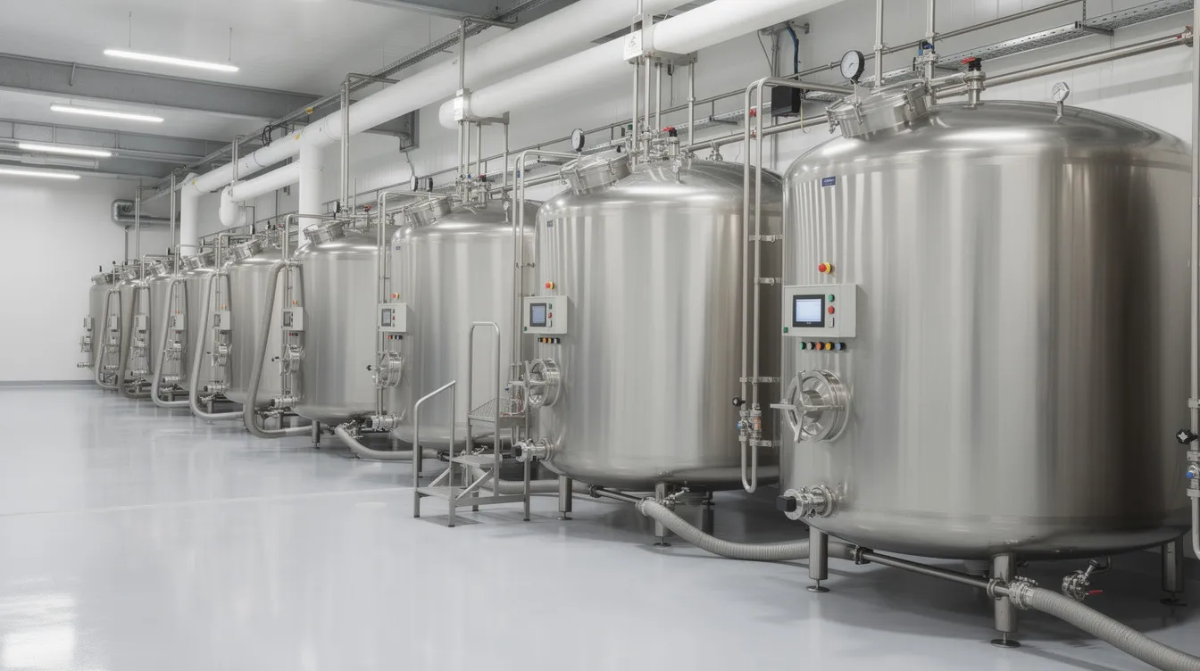 28cfe36a 3d2f 4f45 b041 022b8052fa30 The image depicts the interior of a modern dairy processing facility, featuring large stainless steel tanks and intricate piping systems designed for efficient dairy processing. This setup is essential for handling raw milk and ensuring high-quality dairy beverages while meeting consumer demand and industry requirements.