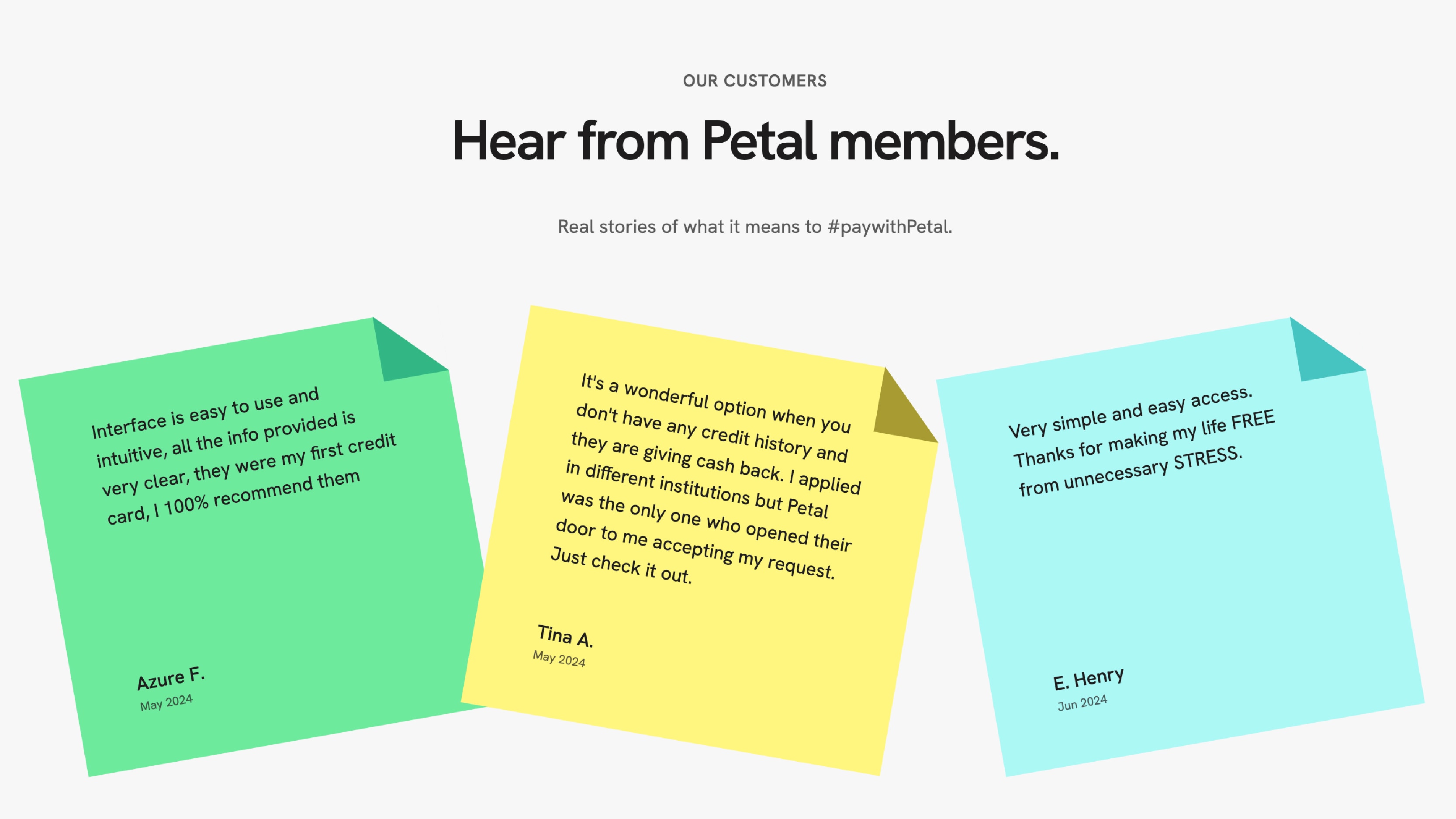 Three colorful digital sticky notes feature customer testimonials under the heading “Hear from Petal members.” Each note contains user feedback with names and dates. This layout showcases user trust in a friendly, visual format. It serves as a useful example for MSP website conversion tips, emphasizing the impact of visible social proof to increase engagement and credibility.