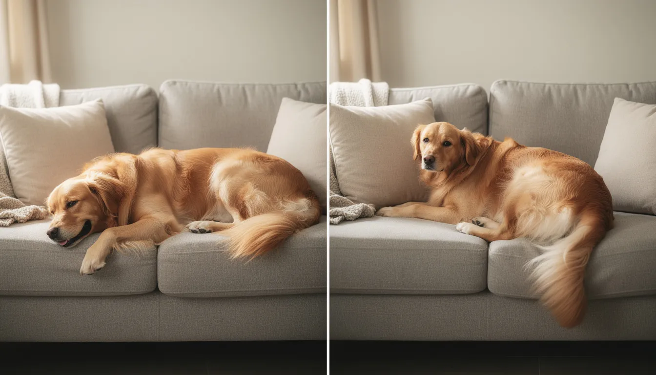 The image shows a golden retriever lying comfortably on a couch, exhibiting relaxed body language with a calm demeanor, alongside a contrasting image of the same dog with a tucked tail and pinned ears, indicating signs of stress and anxiety. This comparison highlights the importance of recognizing a dog's behavior and addressing issues like separation anxiety or boredom to promote their emotional well-being.