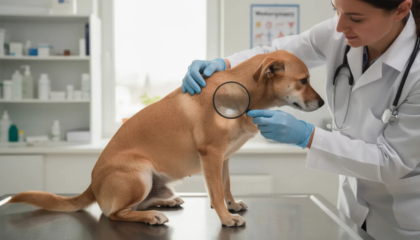 Weterynarz bada skórę psa za pomocą lupy, zwracając uwagę na ewentualne zmiany skórne, które mogą wskazywać na choroby skóry, takie jak ropne zapalenie skóry czy alergiczne pchle zapalenie skóry. W tle widać stół weterynaryjny oraz akcesoria potrzebne do diagnozowania problemów dermatologicznych u psów.