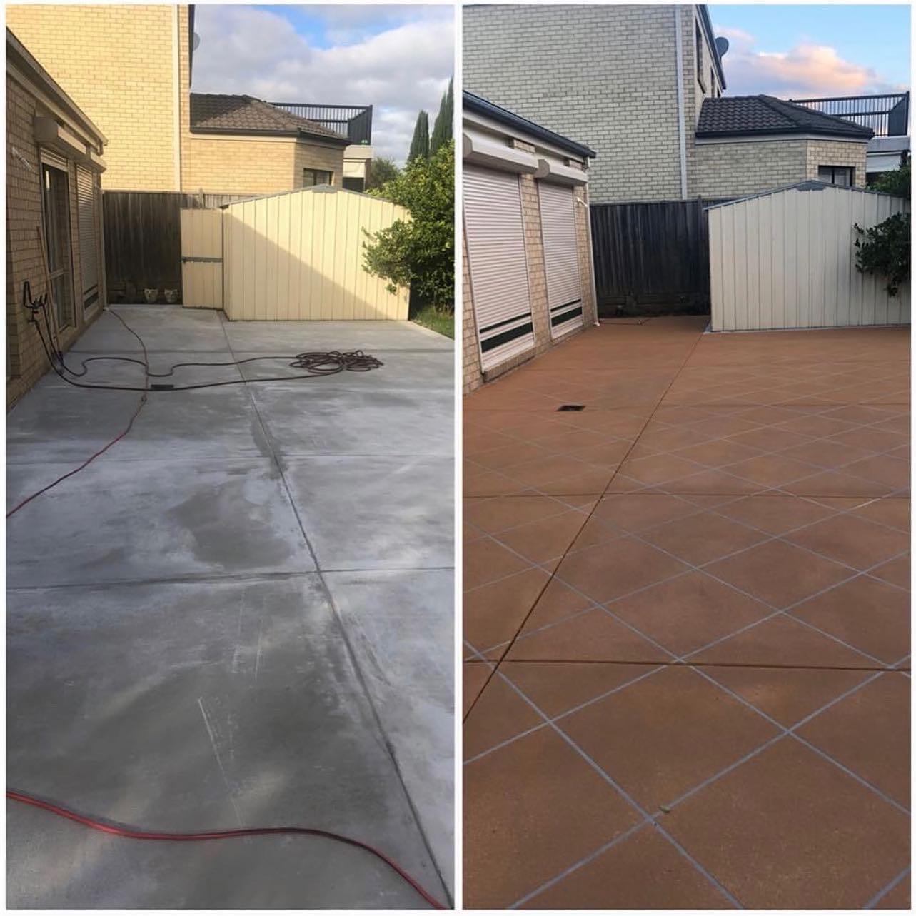 Concrete resurfacing Pakenham before and after – existing concrete driveway restored with decorative coating and protective sealer.