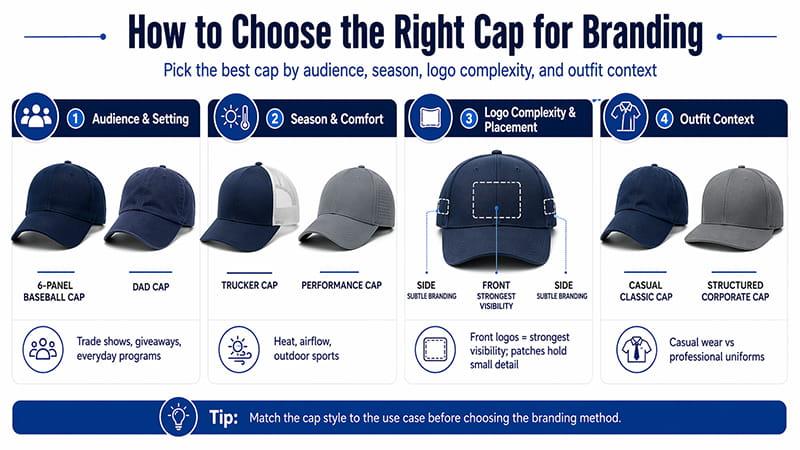 how to choose the right cap for branding infographic by audience season logo placement and outfit context