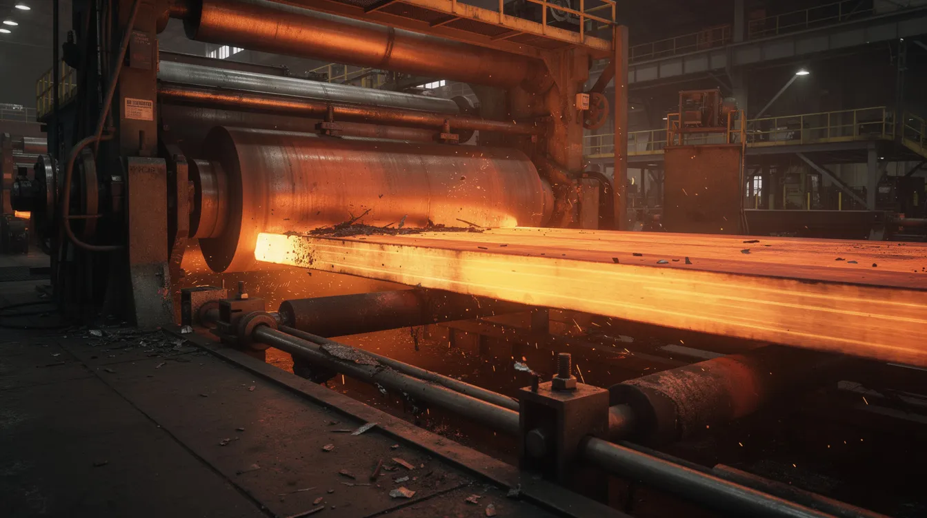 The image depicts glowing orange steel slabs being fed through large industrial rollers in a factory, showcasing the intense heat and high temperature involved in the hot rolling process. The scene highlights the scale and power of the machinery used to create hot rolled steel products.