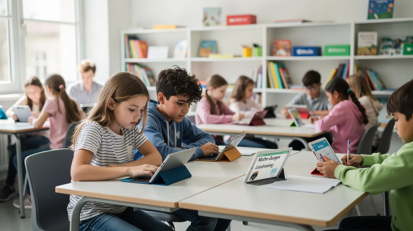 In der Abbildung sind Schülerinnen und Schüler unterschiedlichen Alters zu sehen, die an Tischen mit Tablets sitzen und konzentriert an Aufgaben im Deutschunterricht arbeiten. Einige nutzen eine Lernplattform, während andere Informationen auf ihren Geräten abrufen.