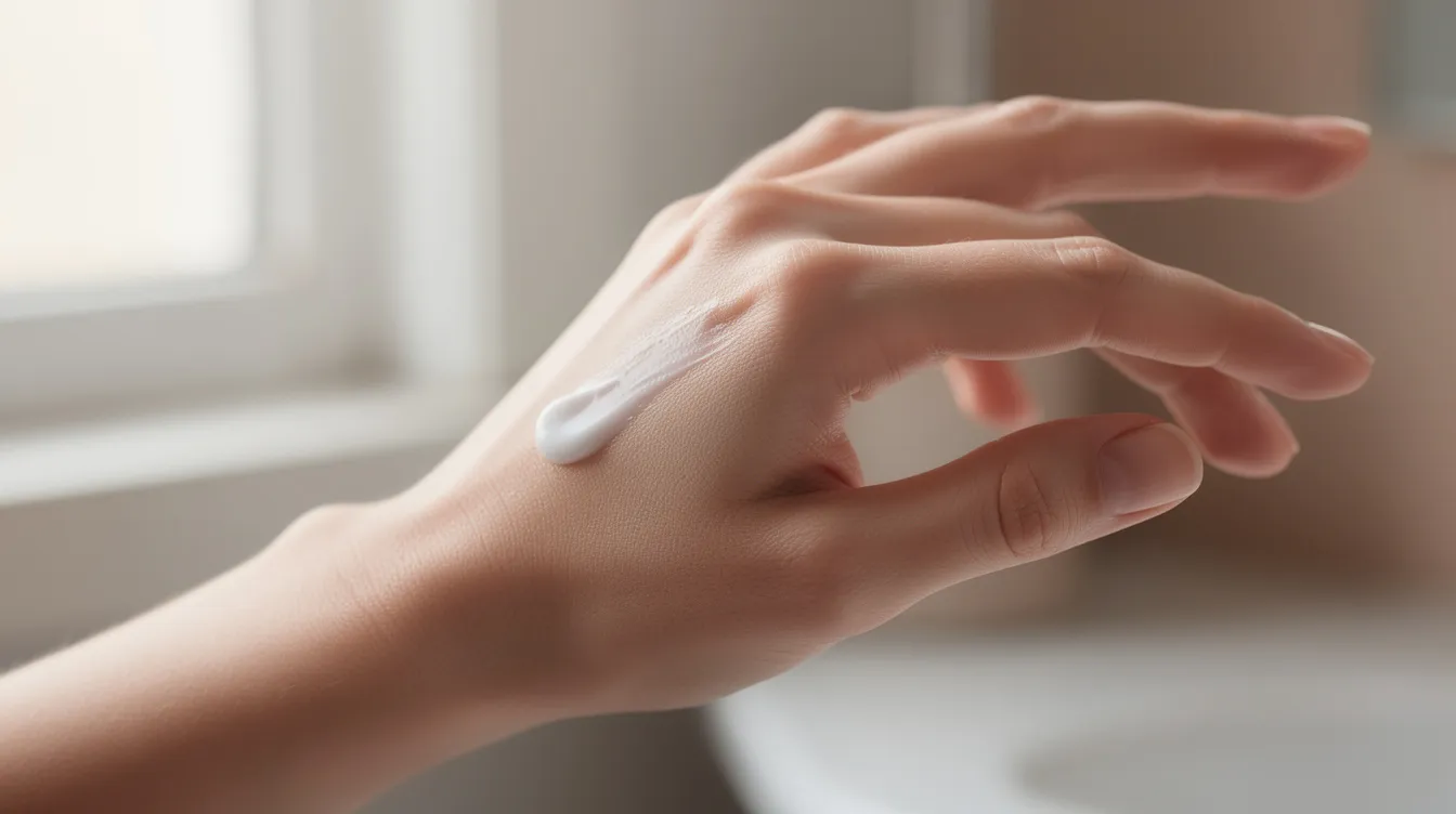 A close-up image shows hands applying a moisturizing skincare product, emphasizing the importance of scar care during the breast lift recovery process. Proper hydration supports optimal healing and minimizes discomfort in the recovery timeline following breast lift surgery.