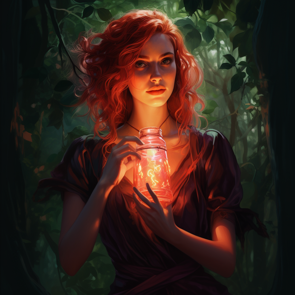 The party's druid whispers her ancient enchantments over the healing potion she holds, the life giving liquid glows scarlet as she prepares to heal her companion.