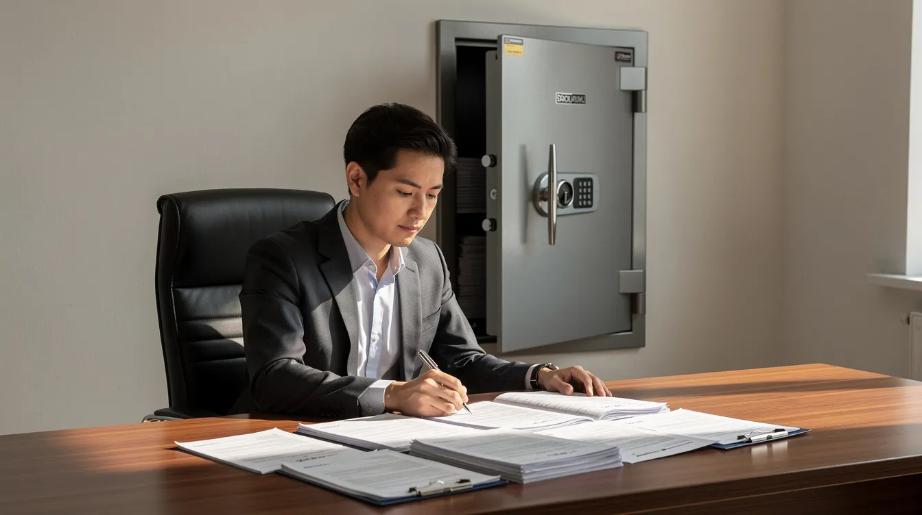 A person is seated at a desk, intently reviewing documents, while a safe is prominently visible in the background. The scene suggests a focus on gun safety policies and compliance with Minnesota gun laws, possibly related to concealed carry or background checks.