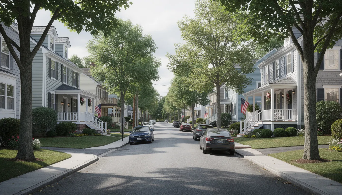 The image depicts a scenic residential street in Connecticut, lined with multi-family homes, showcasing a peaceful neighborhood atmosphere. This area is ideal for property managers and real estate professionals, highlighting the importance of property cleanouts and responsible disposal of unwanted items for new tenants.