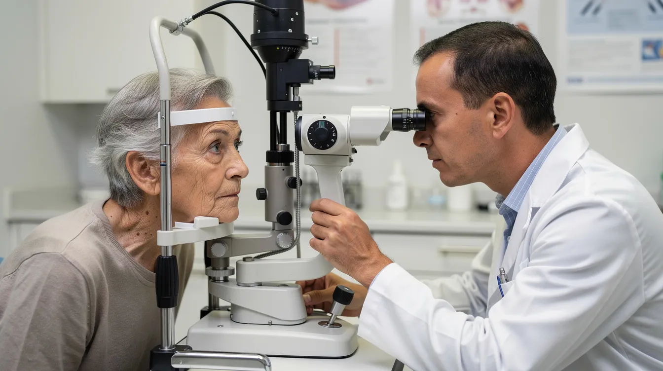 An elderly patient is seated in an examination chair while an ophthalmologist conducts an eye exam using specialized equipment. The examination focuses on assessing retinal function and potential ocular diseases, such as age-related macular degeneration and diabetic retinopathy, to manage the patient’s eye health effectively.