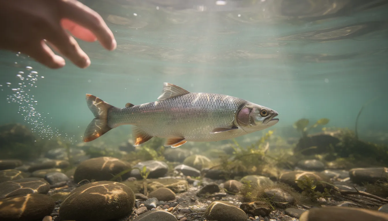 Podwodny widok przedstawia rybę powracającą do swojego naturalnego środowiska po wypuszczeniu, otoczoną przez roślinność wodną i bąbelki powietrza. Scena ukazuje piękno życia wodnego oraz ideę "złów i wypuść".