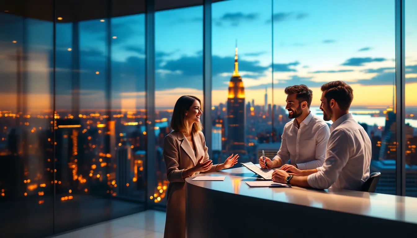 A helicopter booking desk with travelers discussing their upcoming NYC helicopter tours.