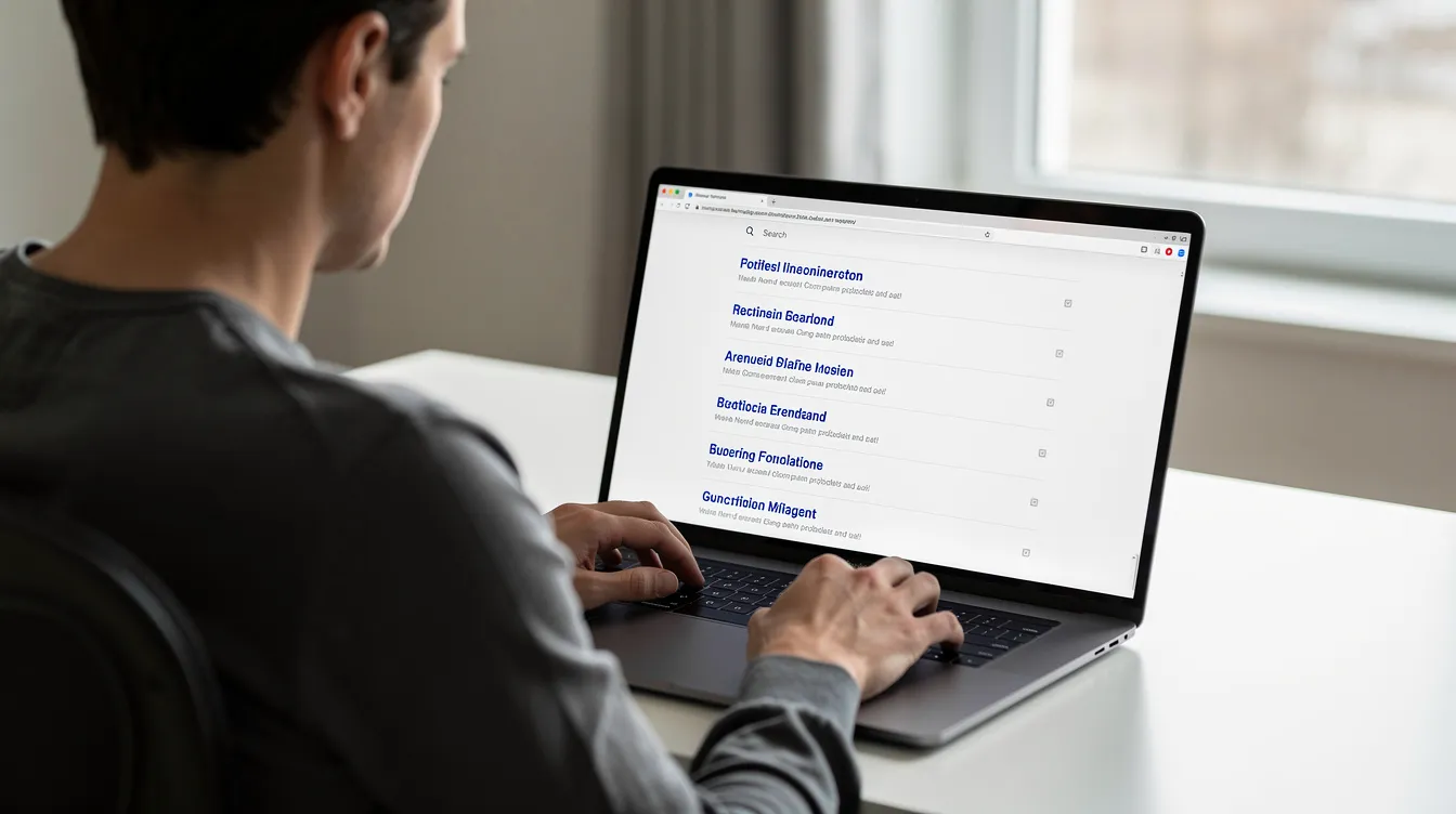 A person is seated at a laptop, intently examining search results on the screen, likely looking for information about local businesses, including their services, phone numbers, and websites. The scene captures the essence of consumers searching for companies to connect with for various needs.