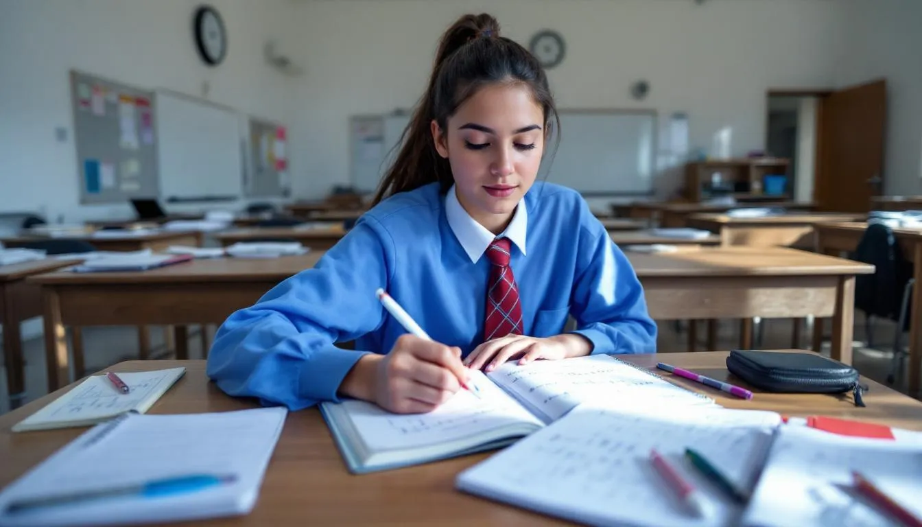 Das Bild zeigt eine Sammlung von Schulmaterialien, darunter Bücher, Hefte und Stifte, die für den Nachhilfeunterricht in Fächern wie Mathematik und Deutsch verwendet werden. Diese Materialien sind wichtig für Schüler, um ihre Wissenslücken zu schließen und ihre Noten zu verbessern.