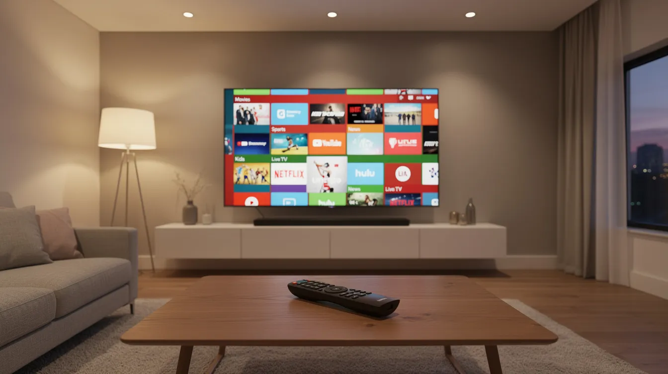 The image depicts a modern living room featuring a large flat screen TV with a vibrant channel grid displayed, showcasing various live TV channels from an IPTV service. A sleek streaming remote is placed on a stylish coffee table, emphasizing the convenience of watching live content and on-demand movies in high quality.