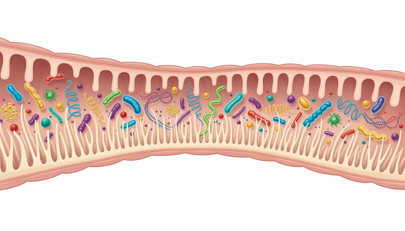 The image depicts a cross-section of a healthy gut, showcasing a vibrant array of diverse microorganisms that play a crucial role in maintaining overall health and supporting the aging process. This illustration highlights the importance of gut health in influencing biological age and preventing age-related diseases.