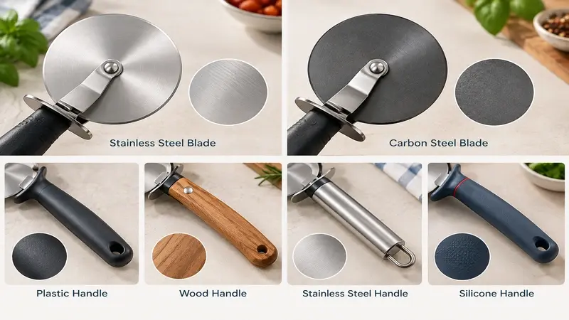 Material board comparing stainless-steel and carbon-steel blades with four handle constructions.