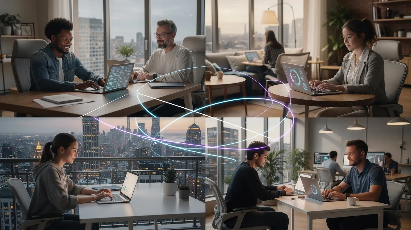 The image depicts a diverse remote team collaborating on laptops from various locations, interconnected by glowing lines that symbolize their communication and teamwork. This visual emphasizes the importance of business process modeling and online collaboration tools in enhancing business processes and analysis among professionals.