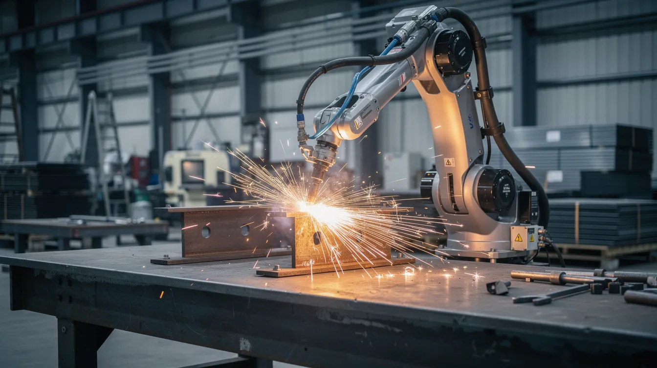 The image depicts a robotic welding arm in a factory setting, creating bright sparks as it welds a metal bracket, showcasing advanced technology in precision sheet metal fabrication. This process highlights the use of automated systems in the production of custom metal parts, ensuring consistent product quality and high precision in metal fabrication.