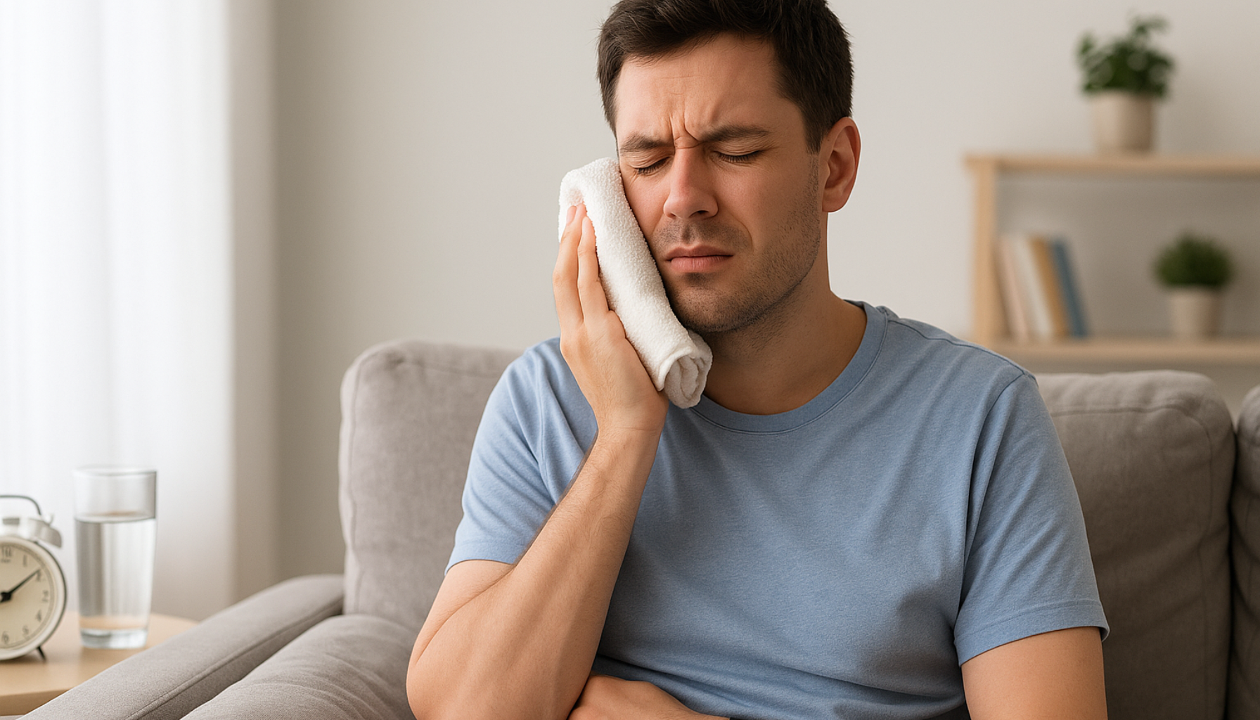 Grotid etter tanntrekking: Hvor lang tid tar det egentlig 10 Mann med hevelse etter tanntrekking holder en iskompress mot kinnet mens han sitter i stuen.
