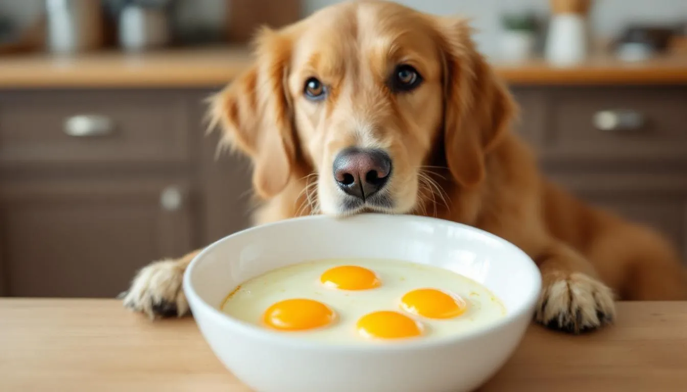 A healthy dog sits attentively beside a bowl of properly cooked eggs, showcasing a nutritious addition to a dog